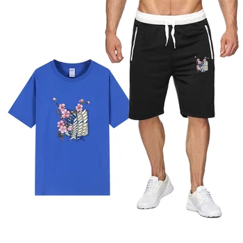 Anime Napad na Titan Moške Določa blagovne Znamke Dva Kosa Obleko Trenirka Moški Priložnostne Tshirts Vadbo Fitnes Določa Jogger hip hop Obleke