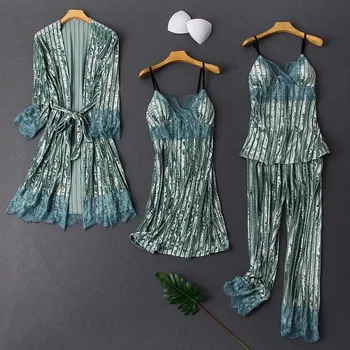 Jeseni 2021 Novo Kimono Plašč Homewear Nightgown Lady Pižamo bo Ustrezala Nighty Haljo Nastavite Seksi Žamet Sleepwear Intimno Perilo, ženske