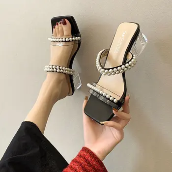 Pearl Visoke Pete Sandala Ženske Modne Čevlje, Sponke Traku Jasno Pete Kvadratni Toe Zapatos De Mujer Tacon Črpalke Sapatos Feminino 39