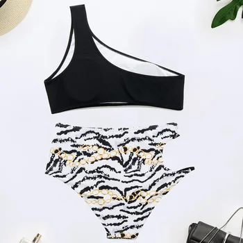 Leopard Preplete eno ramo Visoko Pasu, Ženske Bikini Kopalke Ženske Kopalke dvodelne Bikini komplet Asimetrične kopalke Plavati