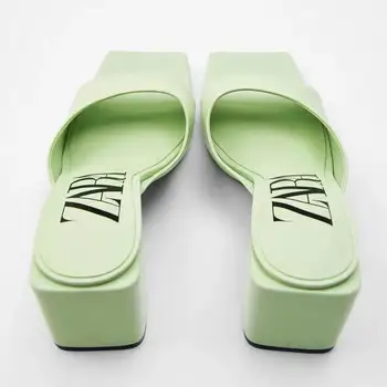 ZA nove ženske čevlje svetlo zelena kvadratnih toe visoko peto debelo peto preprost usnja sandali ženske open-toed zunanjo rabo