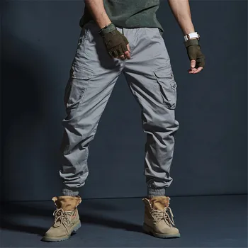 Moški Prikrivanje Tovora Hlače Trdna Bombaž Vojsko Navijačev Pohodniške Hlače Več Žepi Elastična Noge Hip Hop Ulične Vojaške Hlače