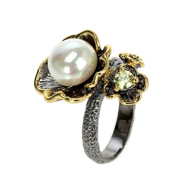 Nova zasnova Gothic Obroči za ženske letnik black ring Cvet Slog z Olivine Cirkon White Pearl modni nakit Brezplačna dostava