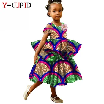 Afriška Oblačila za Otroke Baby Dekleta Ankara Tiskanja Dvojno Plast Obleke Bazin Riche Otrok Stranko Poroko Vestidos YS1940017