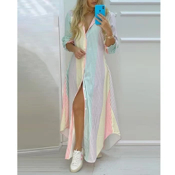 Rokavi Obleka Ženske Poletje Dolgo Obleko Pomlad Oblačila 2021 Haljo Longue Femme Maxi Obleko Gumbi Vestidos Priložnostne Plus Velikost Svoboden