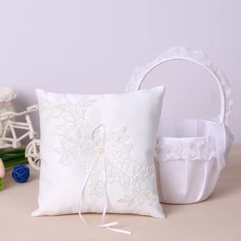 7 * 7 cm Beli Saten Obroč Nosilec za Vzglavnik in Čipke Cvet Dekle Košarico Poročno Dekoracijo Dobave Set
