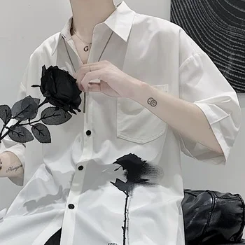 Majice Ženske korejski Modni Oblačila Dodatki Pol Rokav 2021 Plus Velikost Priljubljena High Street Dolgo-slog Cvetlični beloprsi Singl Camisas