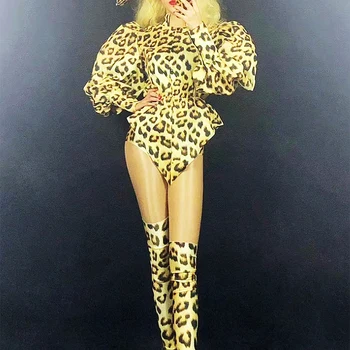 Leopard Tiskanja Bodysuits Nastavite Luč Rokav Stranka Seksi Obleka, Gledališki Kostum Za Ženske Stranka Večer Kostum