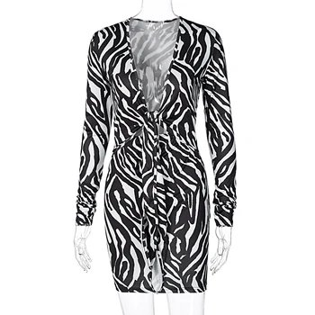 Hugcitar 2020 Zebra Print Dolgimi Rokavi, V-Izrez Povoj Seksi Mini Obleka Jeseni, Pozimi Ženske Modni Ulične Opreme Stranka Obrabe