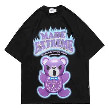 2021 Moških Ulične T-Shirt Hip Hop Jezen Lutka Medved Print Majica s kratkimi rokavi Harajuku Bombaž prevelik Tshirt Poletje Kratek Rokav Tees