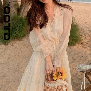 OOTD PROTI-vrat Elegantno Sweet Oblačenja Žensk Dolg Rokav Šifon Cvetlični Stranka Obleko Plaža Obleko Za Ženske v korejskem Slogu 2021 Poletje