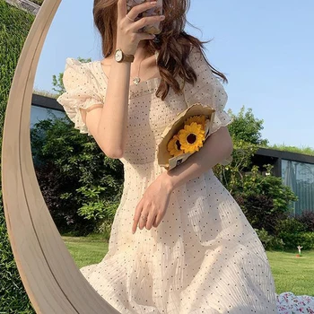 2021 Poletni Cvetlični Sweet Oblačenja Kratek Rokav Šifon Elegantne Obleke korejskem Slogu Kvadratnih Ovratnik Stranka Obleko za Žensko Pika 14596