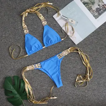 2020 Seksi Diamond Tassel Bikini Ženske Zlati Povodcem Kopalke Bandeau Kopalke