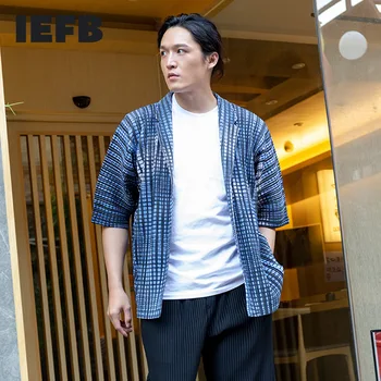 IEFB Japonski Ulične Mode Naguban Jopico Srajce Za Moške 2021 Novo Gradient Kariran Pol Rokav Shirt Poletnih Oblačil Y7259