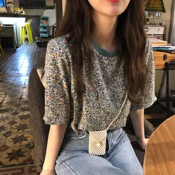 Cvetlični T-majice Ženske Elegantne korejskem Slogu Chic Dekle Vse-tekmo Priljubljena Ulzzang Študent Letnik Svoboden Poletje Ženski Top