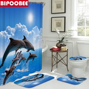 Ocean Design Dolphin 4 V 1 Nepremočljiva Tkanine, Kopalnica 3D Tuš Zavesa iz z Ne Zdrsne Wc Pokrov Odeje Mat Doma Dekoracijo