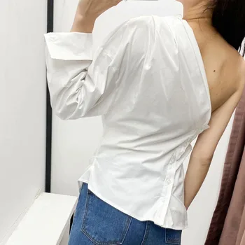 2021 majica pomlad nove ženske asimetrični poševna ramena vrh poplin bela backless odprite clavicle enotni-sleeved majica