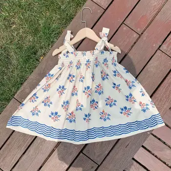 Otroška dekliška oblačila, bombaž francoski pastorala slog Preprost modri cvet tiskanja brez rokavov suspender obleko