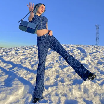 Cvjetnim Tiskanja Blue Jean Hlače Ženske Y2K Visoko Pasu Poletje Vintage Moda Širok Noge Priložnostne Denim Dolge Hlače Harajuku Hlače 2021