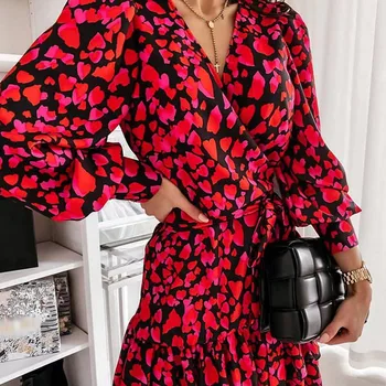 Proti-Vrat Visoko Pasu Ruffles Luč Rokav Čipke Gor Obleka Ženske Mini Srce, ki Tiskanja Obleke Ženska 2021 Pomlad Elegantna Dama Vestidos