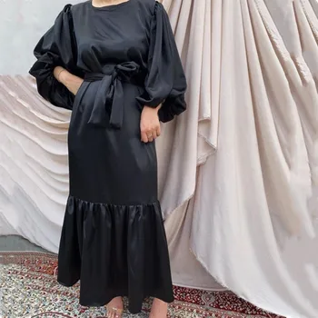 Ženske Arabsko Muslimanskih Saten Puff Dolg Rokav Maxi hidžab Obleko Barva Zaviti Abaya Dubaj Turčija Hidžab Haljo tam kaftan
