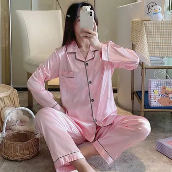 Ženske Pižame Poletje Ice Svile Sleepwear Dolgo sleeved Natisnjeni Jopico Spanja Romper Dame Domov Nositi 2-kos Pižami