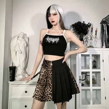 AltGirl Center Goth Mini Nabrano Krilo Ženske Črno-Leopard Mozaik Krila Harajuku Temno Gothic Punk Visoko Pasu, Nočni Klub Krilo