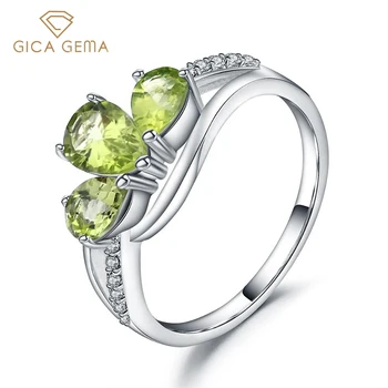 GICA GEMA 925 Sterling Silver Obroči Za Ženske Naravnih Peridot Edinstven Design Tri Gemstone Kaplja Vode Romantični Poročni Nakit