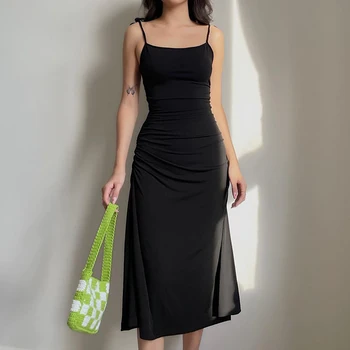 Strani Špranjske Dolga Obleka Ženske Elegantne Solid Black Backless brez Rokavov Midi Stranka Obleko Maturantski Blizu, Clubwear korejskem Slogu 90. letih Iamhotty