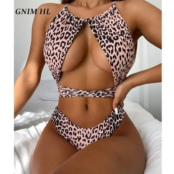 GNIM Seksi Leopard Tiskanja Bikini Komplet 2021 Poletje Votlih Iz Povoj Kopalke Ženske 2 Kosa Backless High Cut Kopalke Biquini Nova