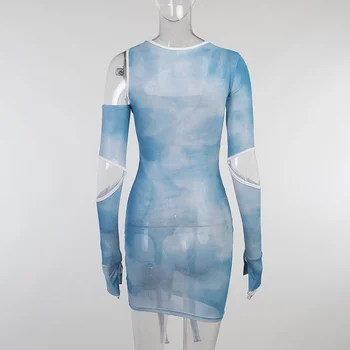 2021 Novo Tie Dye Nezakonitih Izrežemo Dolg Rokav Bodycon Obleke Za Ženske Seksi Blue Print Poletje Modni Klub Obleke Mini Obleka