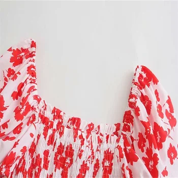 Poletje Rdeče Cvjetnim Tiskanja Midi Obleko Za Ženske 2021 Kratko Sapo Rokav Moda Obleke Ruched Flounced Rob Priložnostne Ženske Dolga Obleka