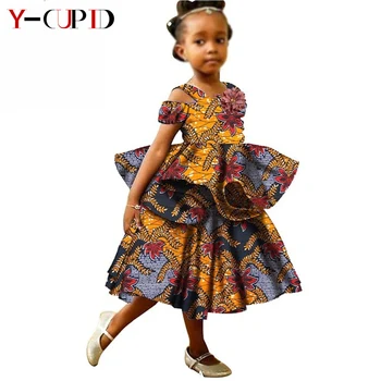 Afriška Oblačila za Otroke Baby Dekleta Ankara Tiskanja Dvojno Plast Obleke Bazin Riche Otrok Stranko Poroko Vestidos YS1940017