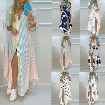 Rokavi Obleka Ženske Poletje Dolgo Obleko Pomlad Oblačila 2021 Haljo Longue Femme Maxi Obleko Gumbi Vestidos Priložnostne Plus Velikost Svoboden