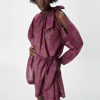 Za Vintage Print Poletje Oblačenja Žensk Asjustable Vezani Pasu Dolg Rokav Off Ramenski Stranka Obleko Ženski Naguban Mini Obleke 2021