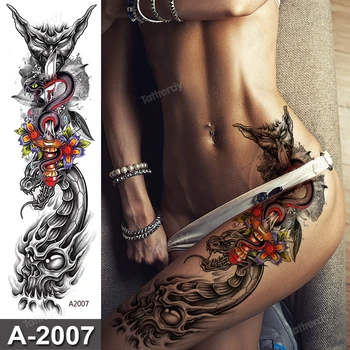 Seksi tatu nogavice stegna noge začasno tatoos za ženske, dekleta telo nalepke rože potonike krap ribe zmaj kača velik tattoo
