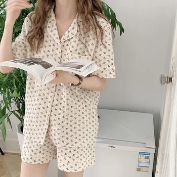 Cvjetnim tiskanja ženske sleepwear 2 delni set poletje doma obleko polno bombaž pižamo nastavite znižuj vrhovi bluzo majica, kratke hlače Y632