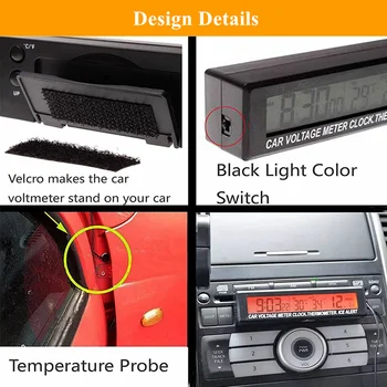 Avto Digitalni LCD Zaslon Ura S Samodejnim Termometer, Temperaturo Volt Merilnik 12-24V Napetosti, Merilnik Monitor z vtičnico za Vžigalnik