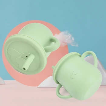 BPA Free Mehki Silikonski Baby Hranjenje Skodelice Malčka Učenje Pitne Sippy Vrč Prenosni Dvojni Ročaj Skodelice S Slamo Drinkware