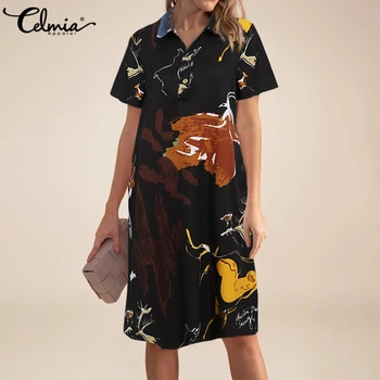 2021 Moda za Ženske Obleko Celmia Poletje Sundress River Priložnostne Svoboden Kratek Rokav Vintage Natisnjeni Vestidos tam kaftan